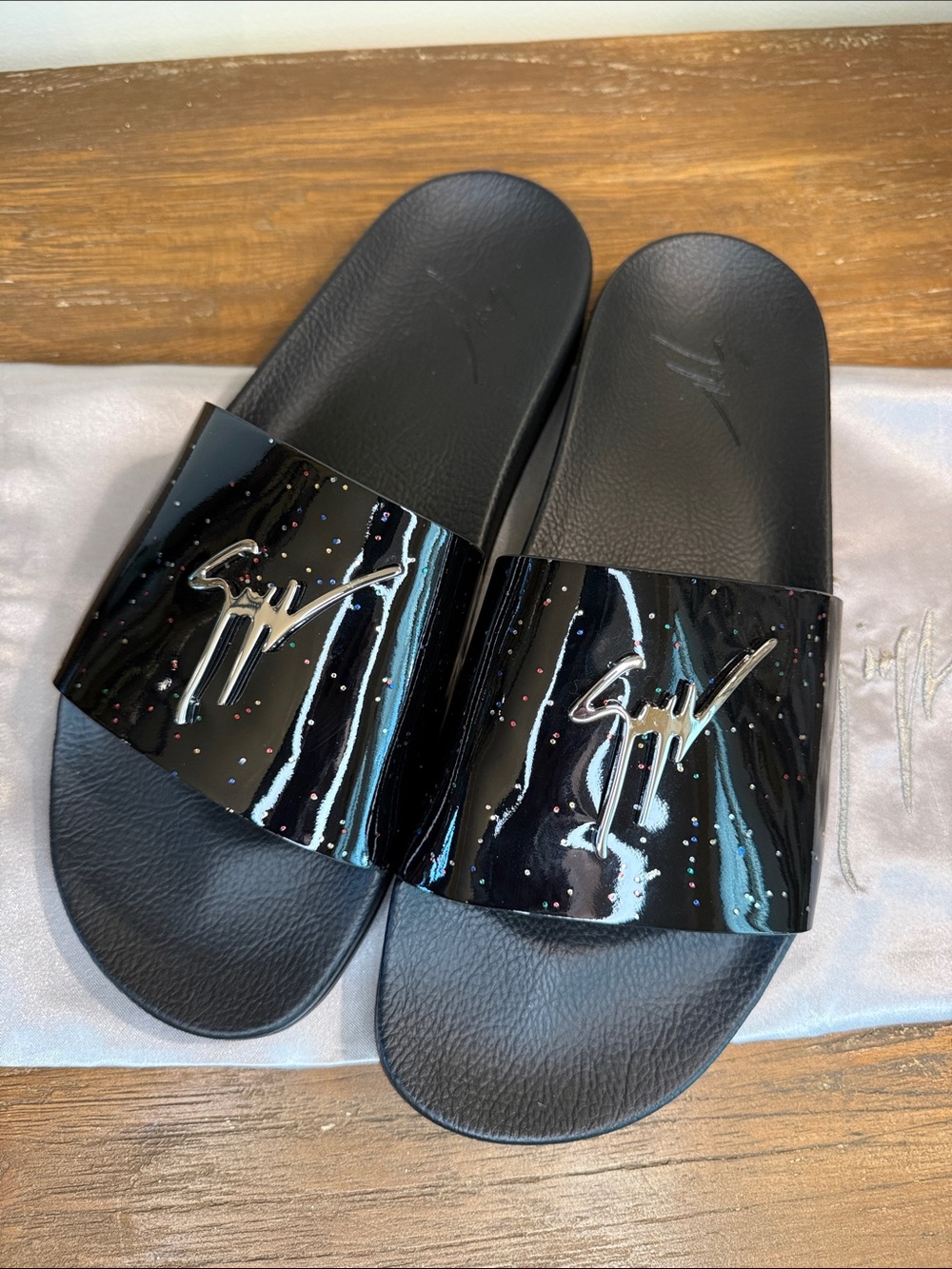 Giuseppe Zanotti Parisienne Glitter Patent Pool Slides in Black